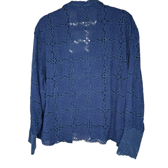 Johnny Was Jade Marina Joy Rayon Shirt Blue Eyelet Button Down Long Sleeve - Picture 5 of 9